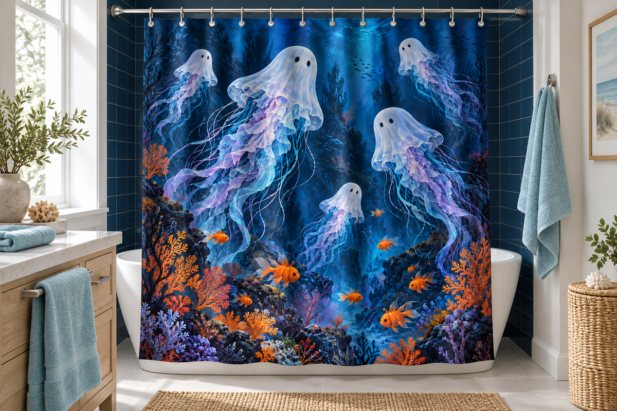 Deep Sea Ghosts Printed Shower Curtain, lifestyle view 3: A bright bathroom with square curtain as the dominant focal wall, medium-wide editorial view, all 12 hooks visible, camera at natural eye level.