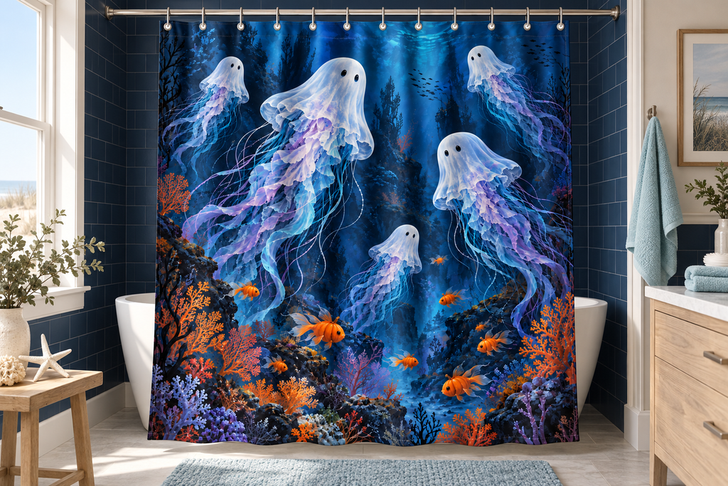 Deep Sea Ghosts Printed Shower Curtain, lifestyle view 4: Closer front-angle bathroom view focused on the full square printed curtain, restrained surroundings, realistic fabric folds without hiding the central design.