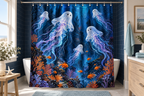 Deep Sea Ghosts Printed Shower Curtain, lifestyle view 4: Closer front-angle bathroom view focused on the full square printed curtain, restrained surroundings, realistic fabric folds without hiding the central design.