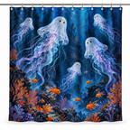 Deep Sea Ghosts Printed Shower Curtain on a white background, showing the complete printed design.