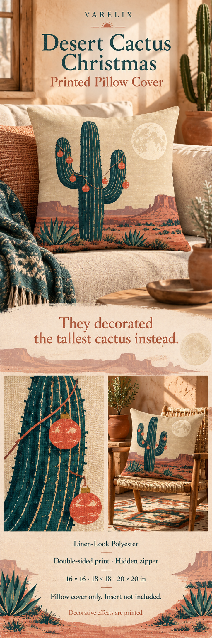 Desert Cactus Christmas Printed Pillow Cover by VARELIX, A+ detail poster with verified material, sizes and included items.