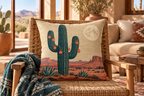 Desert Cactus Christmas Printed Pillow Cover, lifestyle view 1: Placed upright on an accent chair, nearly frontal with full print clearly visible; room-wide interior composition.