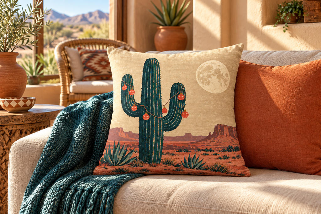 Desert Cactus Christmas Printed Pillow Cover, lifestyle view 2: A prominent single pillow on a sofa beside one plain solid-colored cushion; medium interior composition, product fills at least 40 percent of frame.