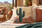 Desert Cactus Christmas Printed Pillow Cover, lifestyle view 3: Centered in front of plain pillows on a neatly made guest bed; eye-level composition, believable 18-inch pillow scale.