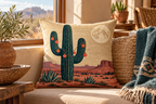 Desert Cactus Christmas Printed Pillow Cover, lifestyle view 4: Close editorial view on an indoor window bench, full pillow and all edges visible, gentle side light reveals the real textile texture.