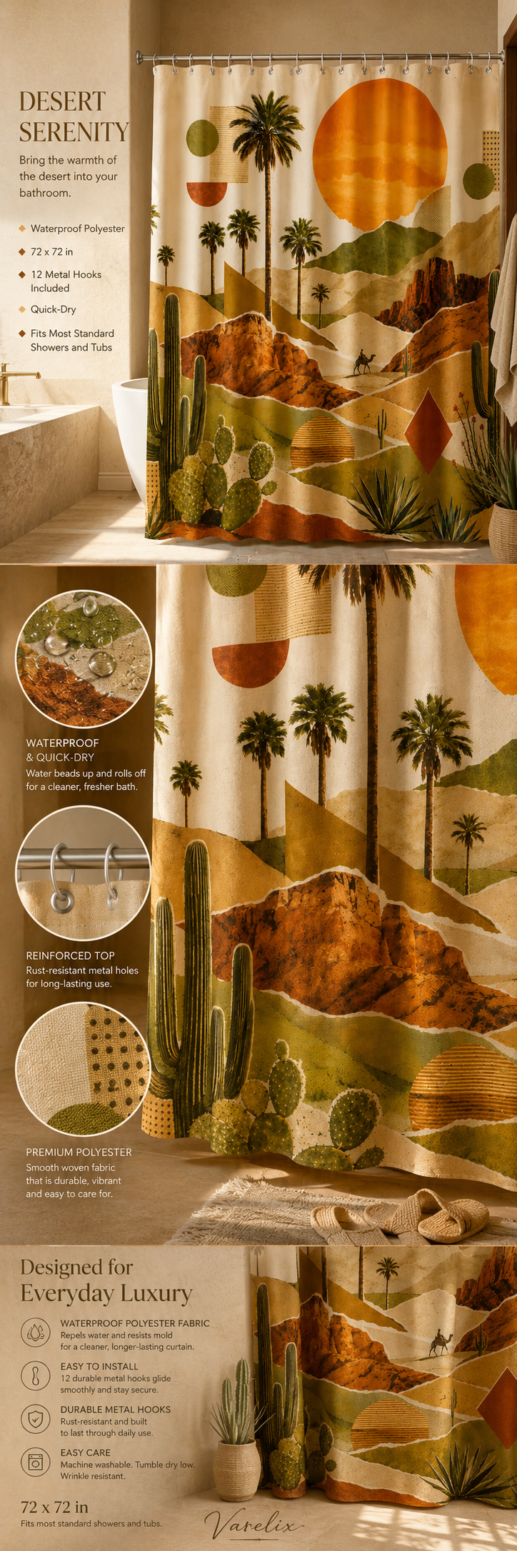 Detailed infographic for a premium polyester shower curtain with a southwestern desert sun design, highlighting waterproof and easy install features.