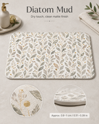Diatom mud bathroom mat with a grey and gold vine print, showcasing a clean matte texture and an industrial thickness diagram.