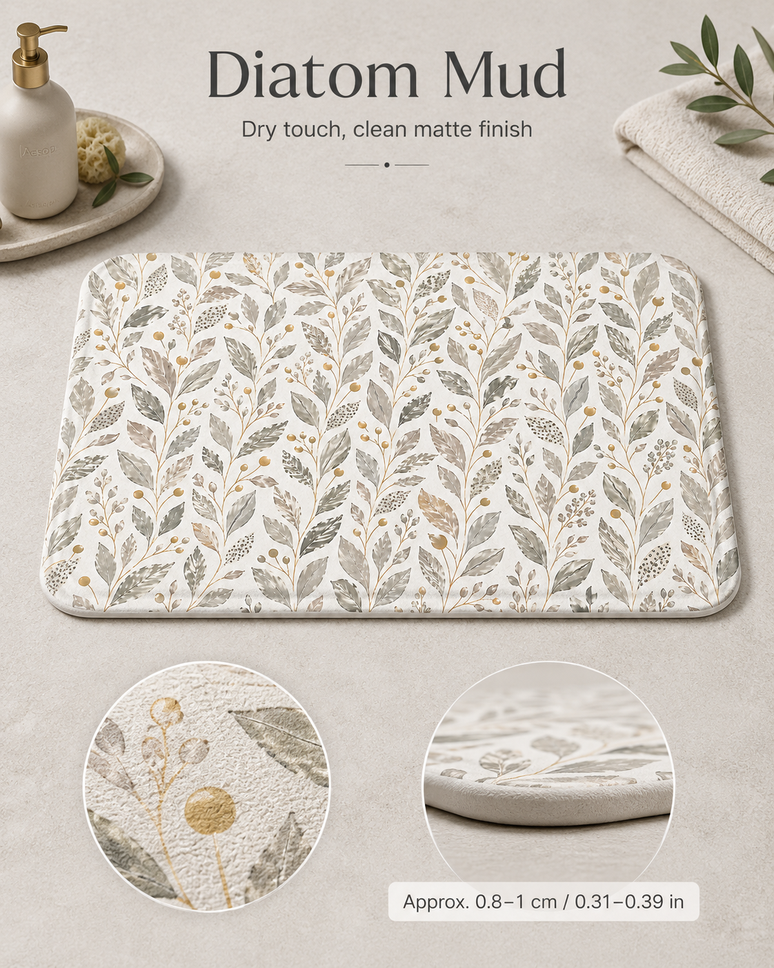 Diatom mud bathroom mat with a grey and gold vine print, showcasing a clean matte texture and an industrial thickness diagram.