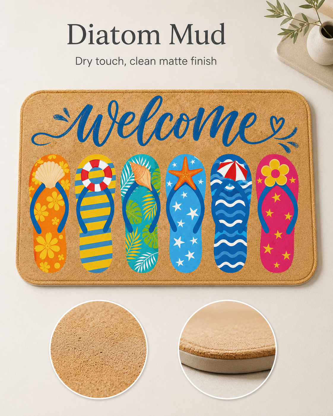 Diatom mud bathroom mat with a clean matte finish and colorful beach flip-flop design, showing a close-up texture circle.