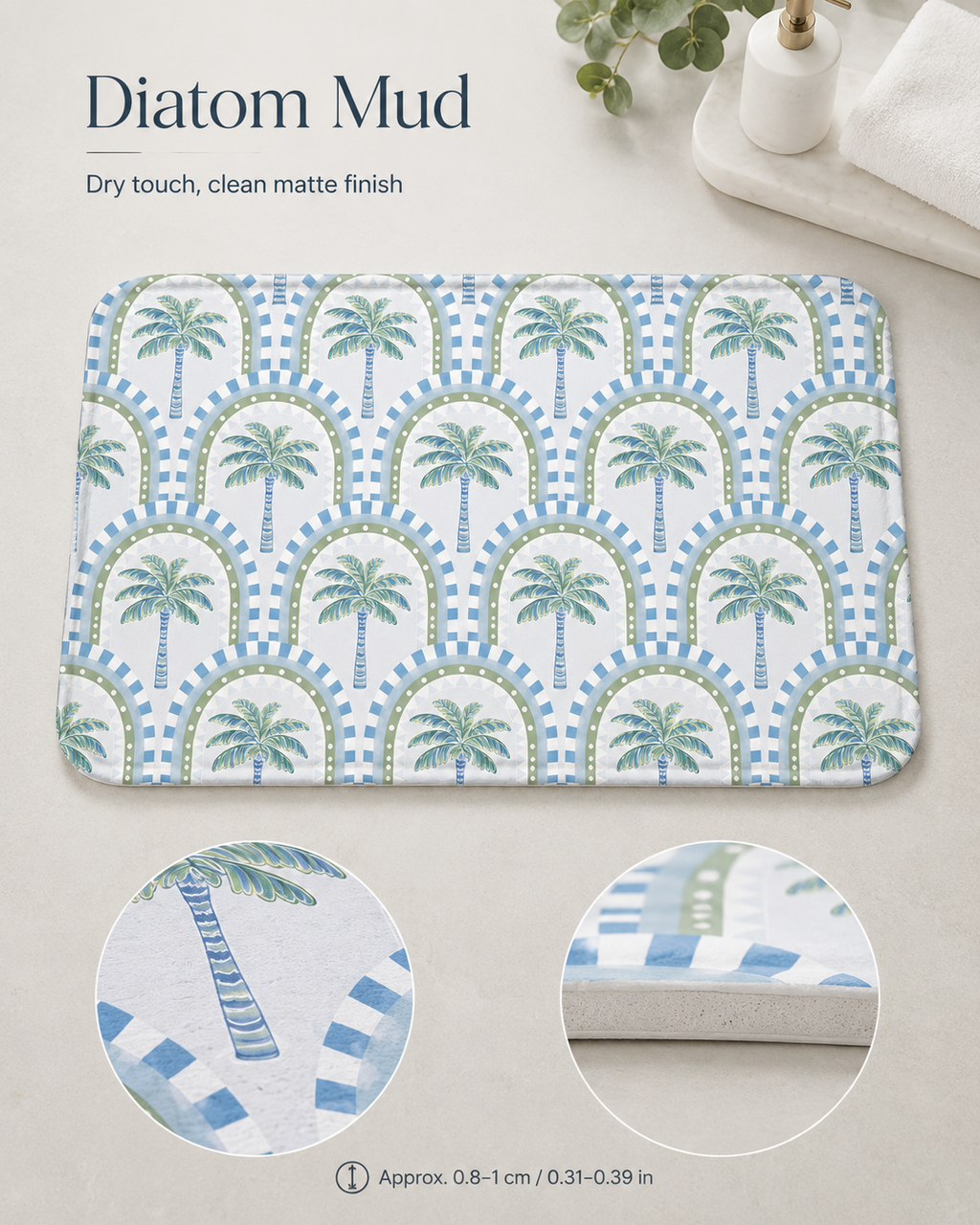 Diatom mud bathroom mat with a clean matte finish and green palm tree pattern, illustrating the 0.31 to 0.39 inch thickness profile.