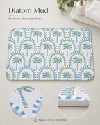 Diatom mud bathroom mat with a clean matte finish and green palm tree pattern, illustrating the 0.31 to 0.39 inch thickness profile.