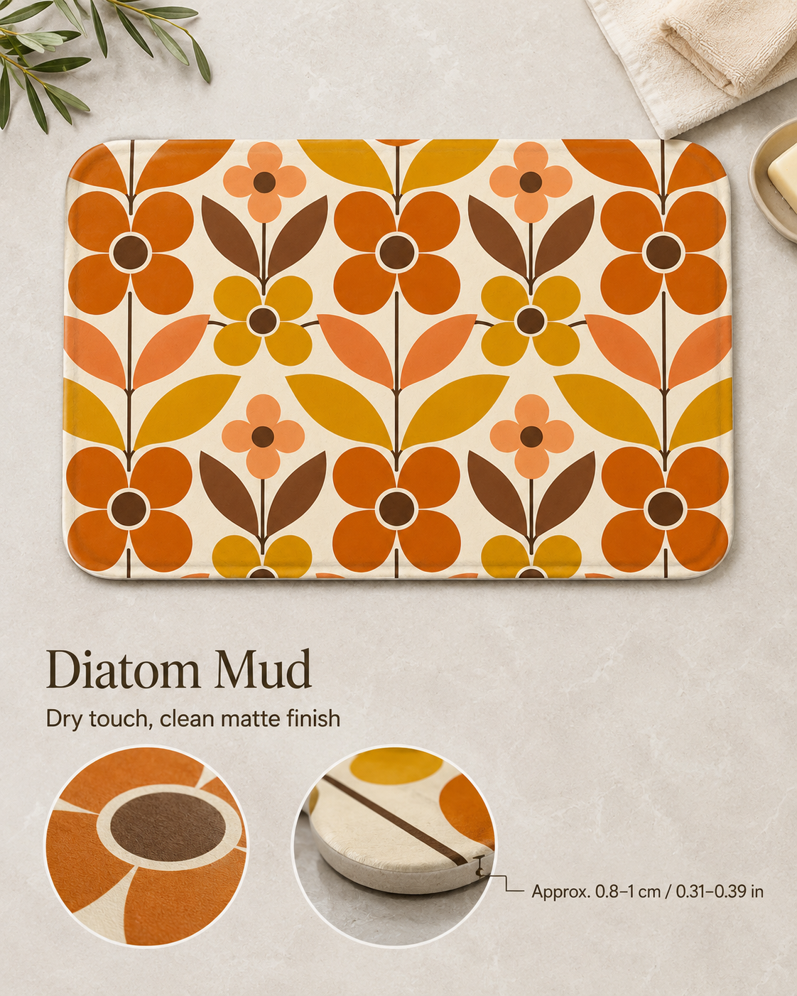 Diatom mud bathroom mat with a mid-century geometric flower pattern, featuring a matte finish texture and thickness illustration.