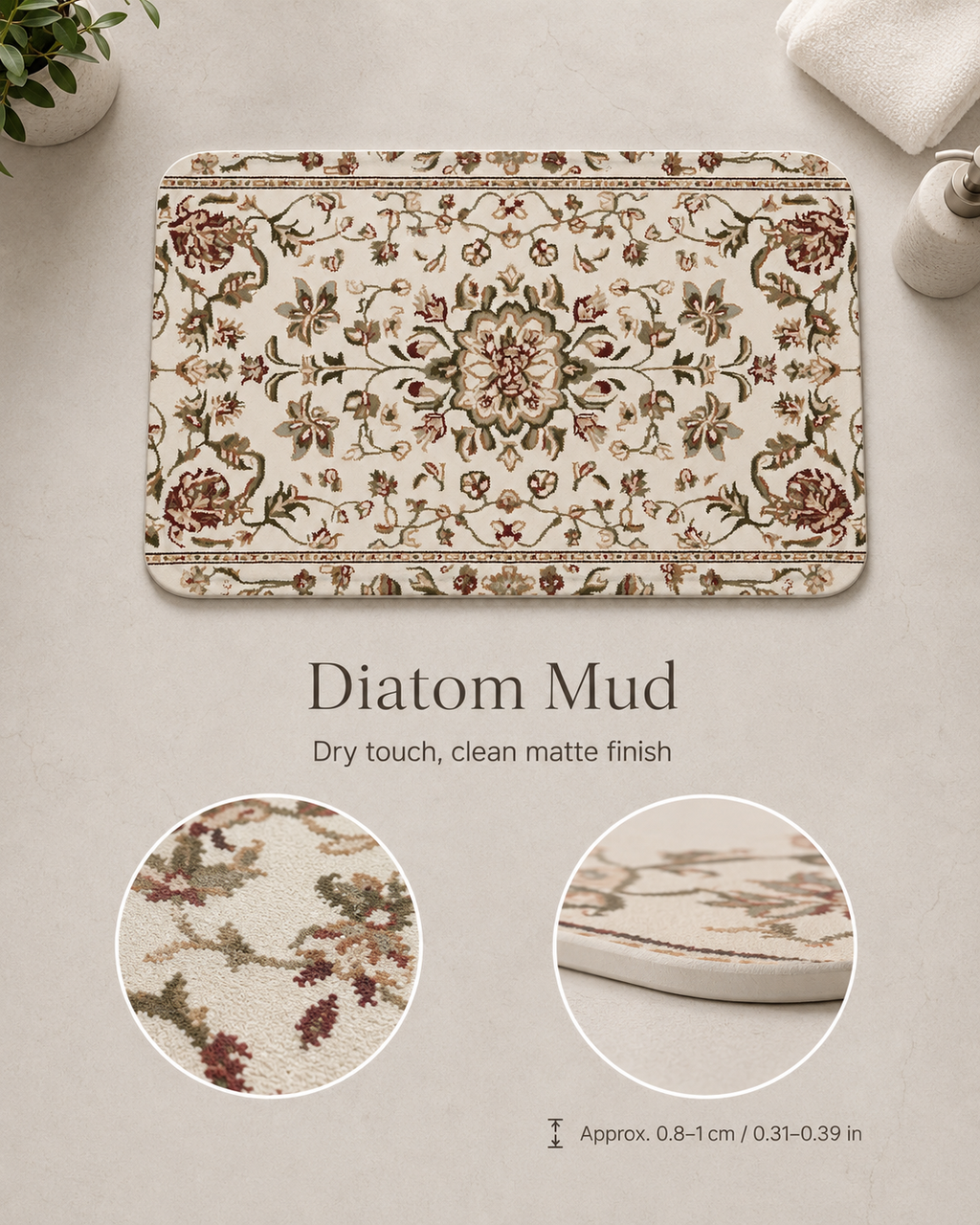 Diatom mud bathroom mat with a vintage oriental floral print, featuring a clean matte finish texture and thickness illustration.