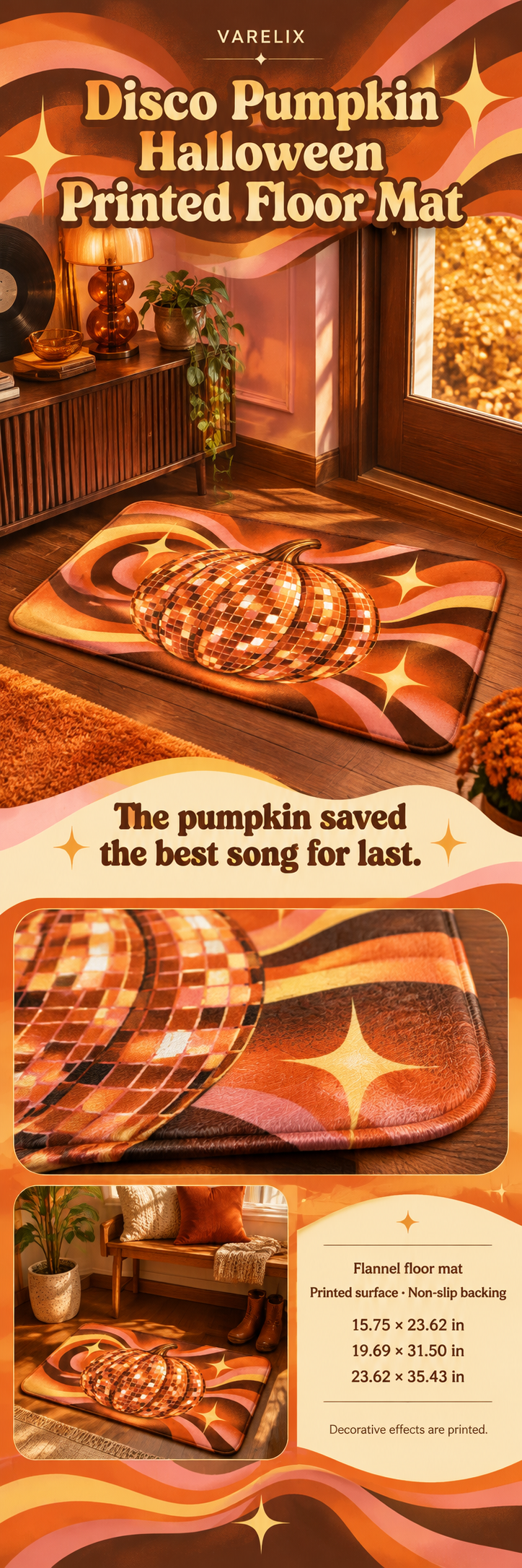 Disco Pumpkin Halloween Printed Floor Mat by VARELIX, A+ detail poster with verified material, sizes and included items.