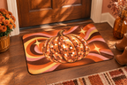 Disco Pumpkin Halloween Printed Floor Mat, lifestyle view 1: One mat laid flat INSIDE the front door, full landscape mat and all four rounded corners visible at small accent-mat scale, angled downward photography.