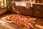 Disco Pumpkin Halloween Printed Floor Mat, lifestyle view 2: One mat on the kitchen floor in front of a sink or coffee station, full printed surface readable, no furniture hiding the design.