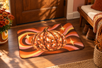 Disco Pumpkin Halloween Printed Floor Mat, lifestyle view 3: One mat in a tidy indoor mudroom beside a small bench, photographed slightly above with realistic 16 by 24 inch scale.