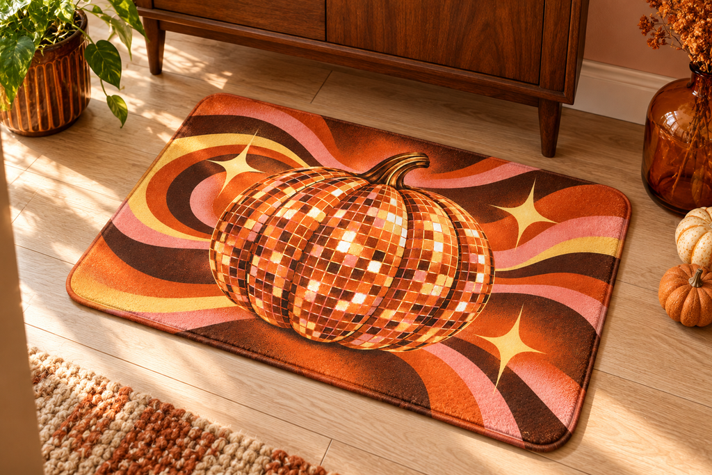 Disco Pumpkin Halloween Printed Floor Mat, lifestyle view 4: Close overhead-oblique view of one mat on a clean pale-wood floor near a cabinet, all four corners in frame, soft side light reveals short flannel nap.