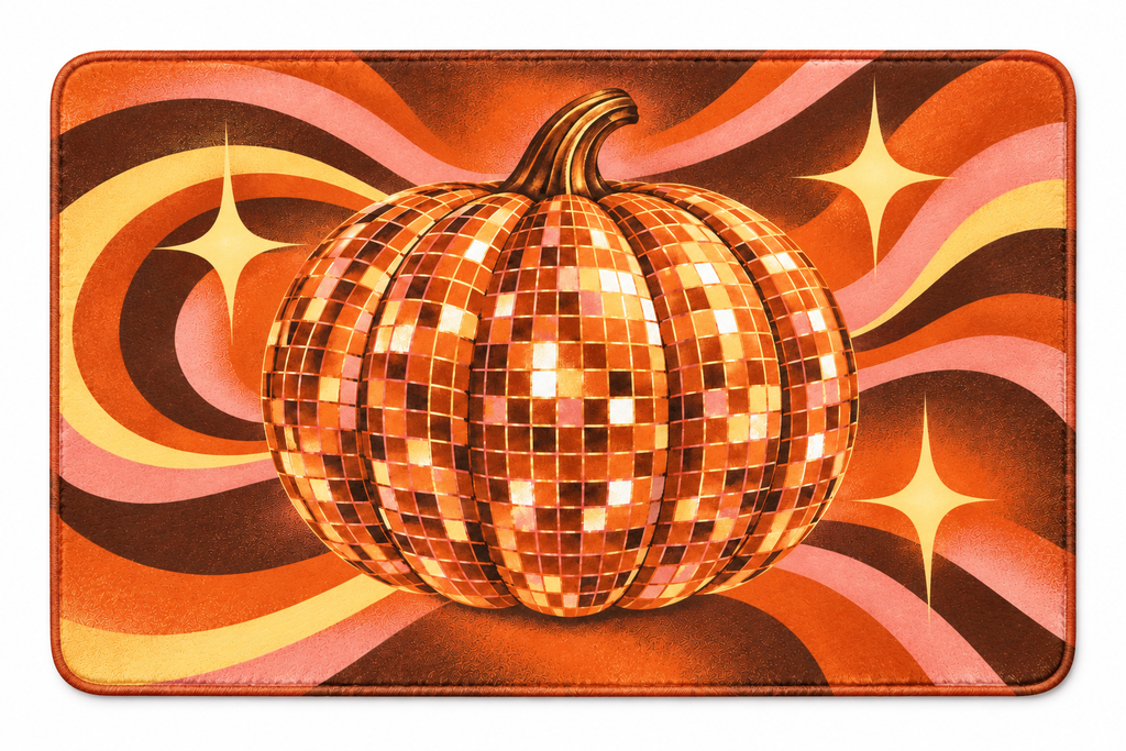 Disco Pumpkin Halloween Printed Floor Mat on a white background, showing the complete printed design.