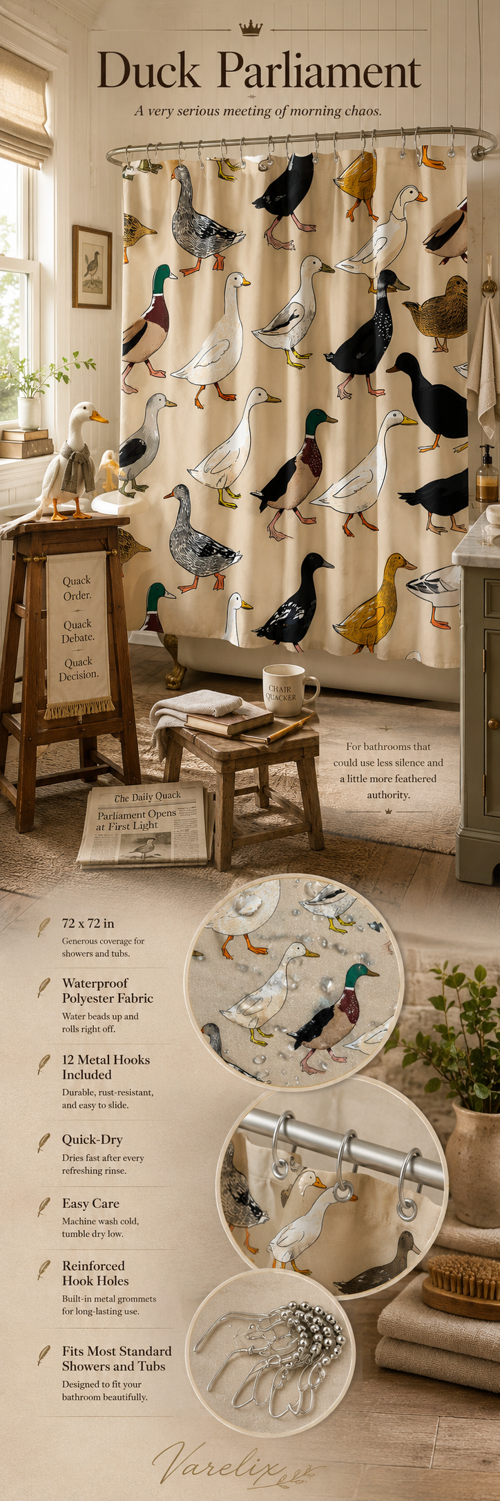 A vintage styled brand marketing infographic titled Duck Parliament for the Varelix shower curtain, displaying 72 by 72 inches dimension, waterproof details, and metal rings.