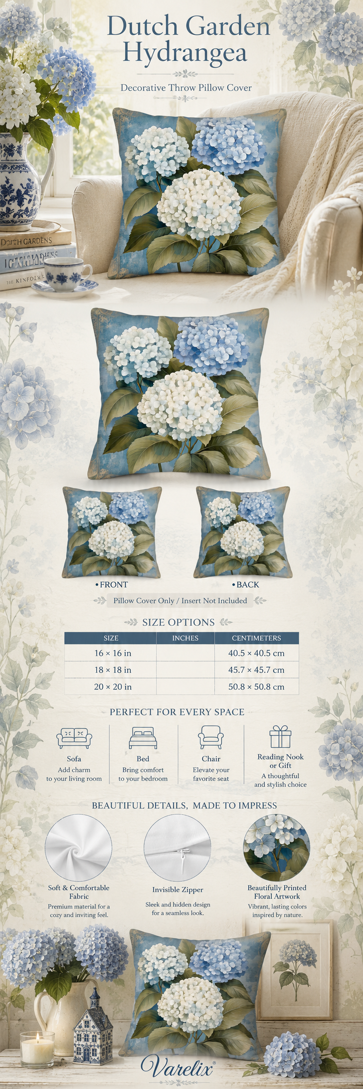 Dutch garden hydrangea pillow cover infographic with size and detail sections.