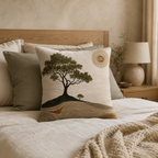 An artistic nature-themed accent pillow with a green tree print on a comfortable bed, coordinated with olive green and beige linen pillows in a rustic wood-framed bedroom.