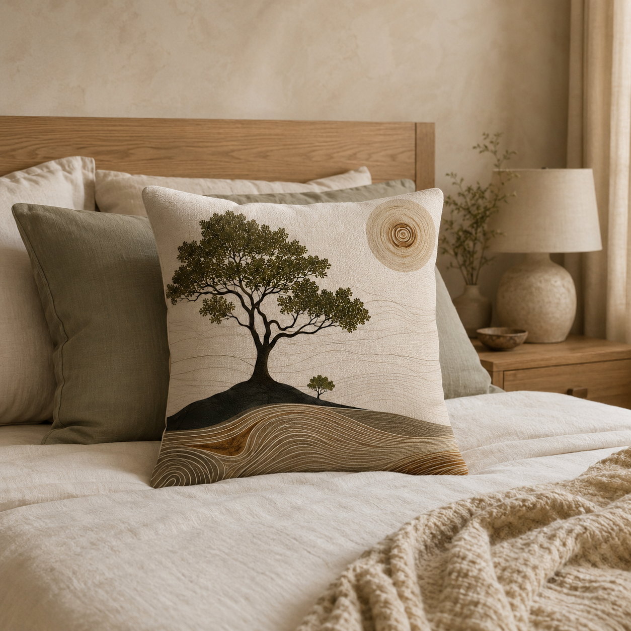 An artistic nature-themed accent pillow with a green tree print on a comfortable bed, coordinated with olive green and beige linen pillows in a rustic wood-framed bedroom.