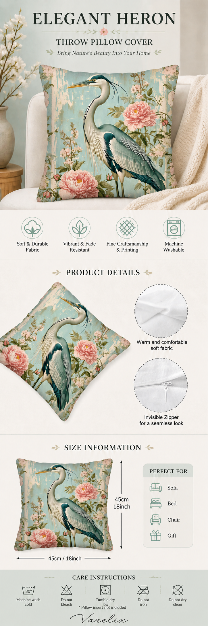 Elegant heron throw pillow cover infographic with size and care details