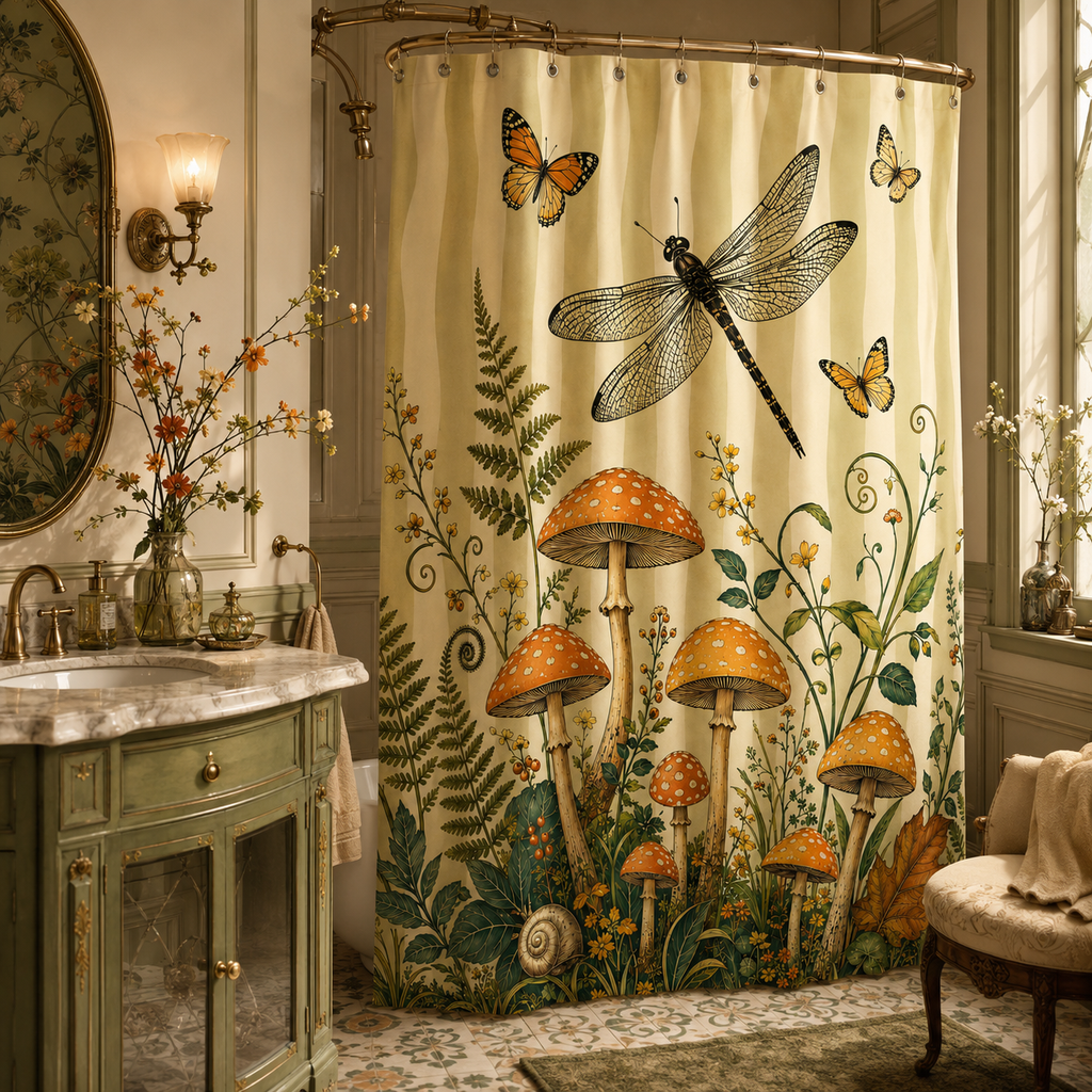 Enchanted forest mushroom art shower curtain hanging in a classic bathroom with a sage green vanity and a vintage mirror.