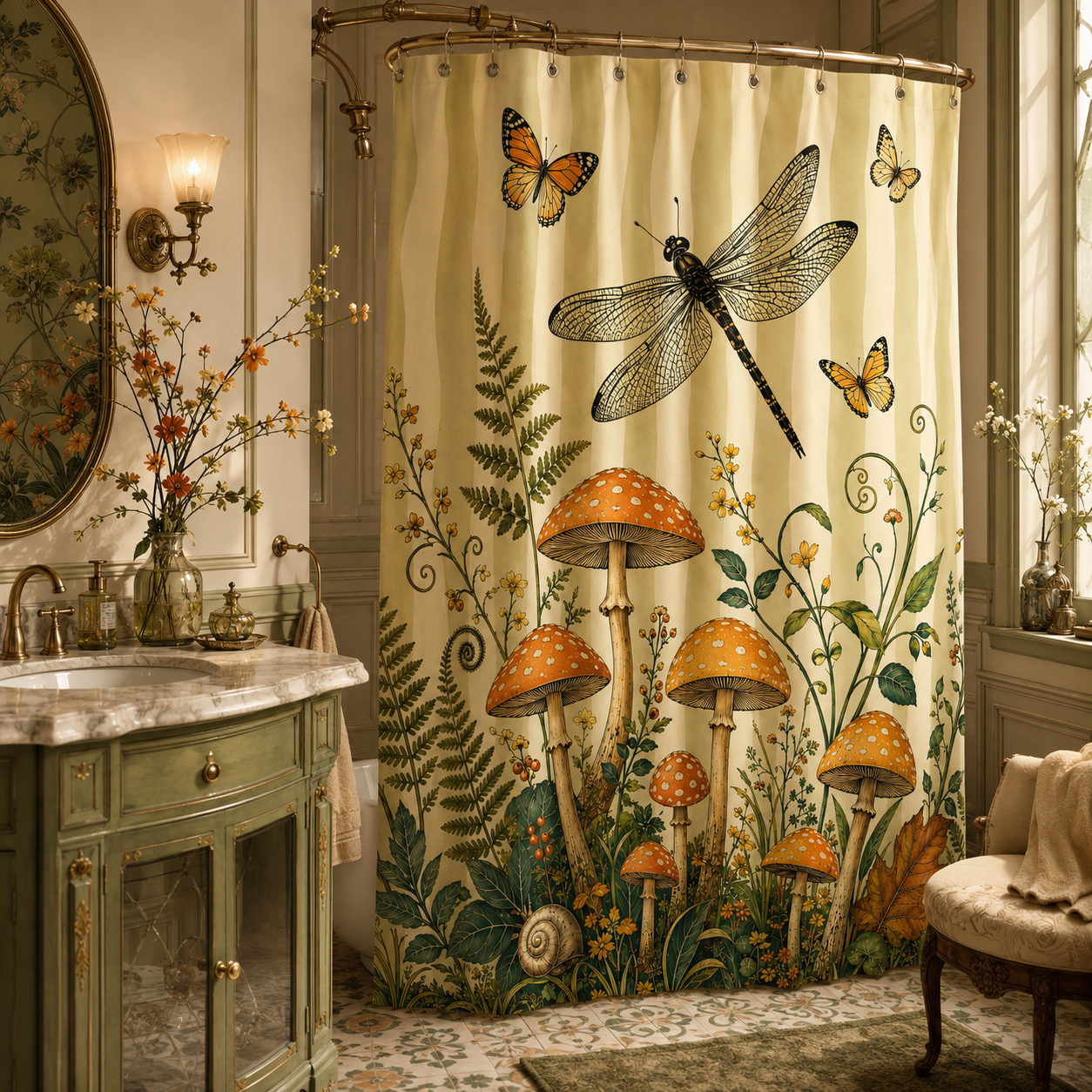 Enchanted forest mushroom art shower curtain hanging in a classic bathroom with a sage green vanity and a vintage mirror.