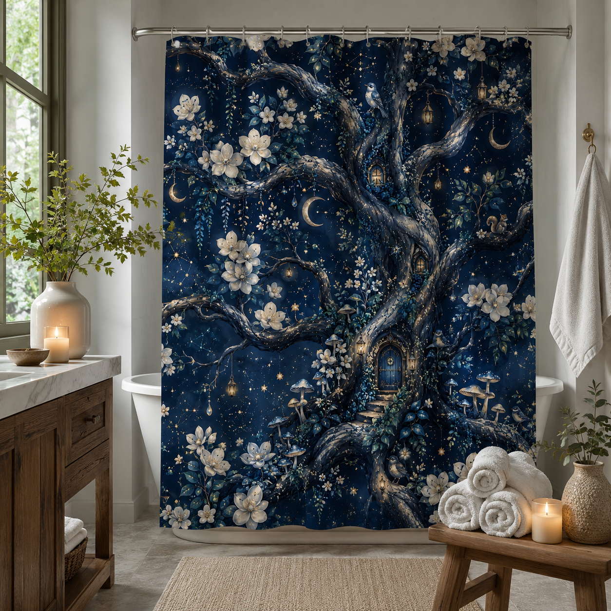 An enchanted forest treehouse shower curtain hanging in a rustic spa-like bathroom, complete with a dark wooden vanity, green potted plants, folded white towels, and ambient candlelight.