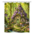 A square polyester shower curtain isolated on a pure white background, featuring a detailed watercolor fantasy painting of a cozy fairy cottage draped in purple wisteria, surrounded by a stream, bridge, flowers, and forest animals.