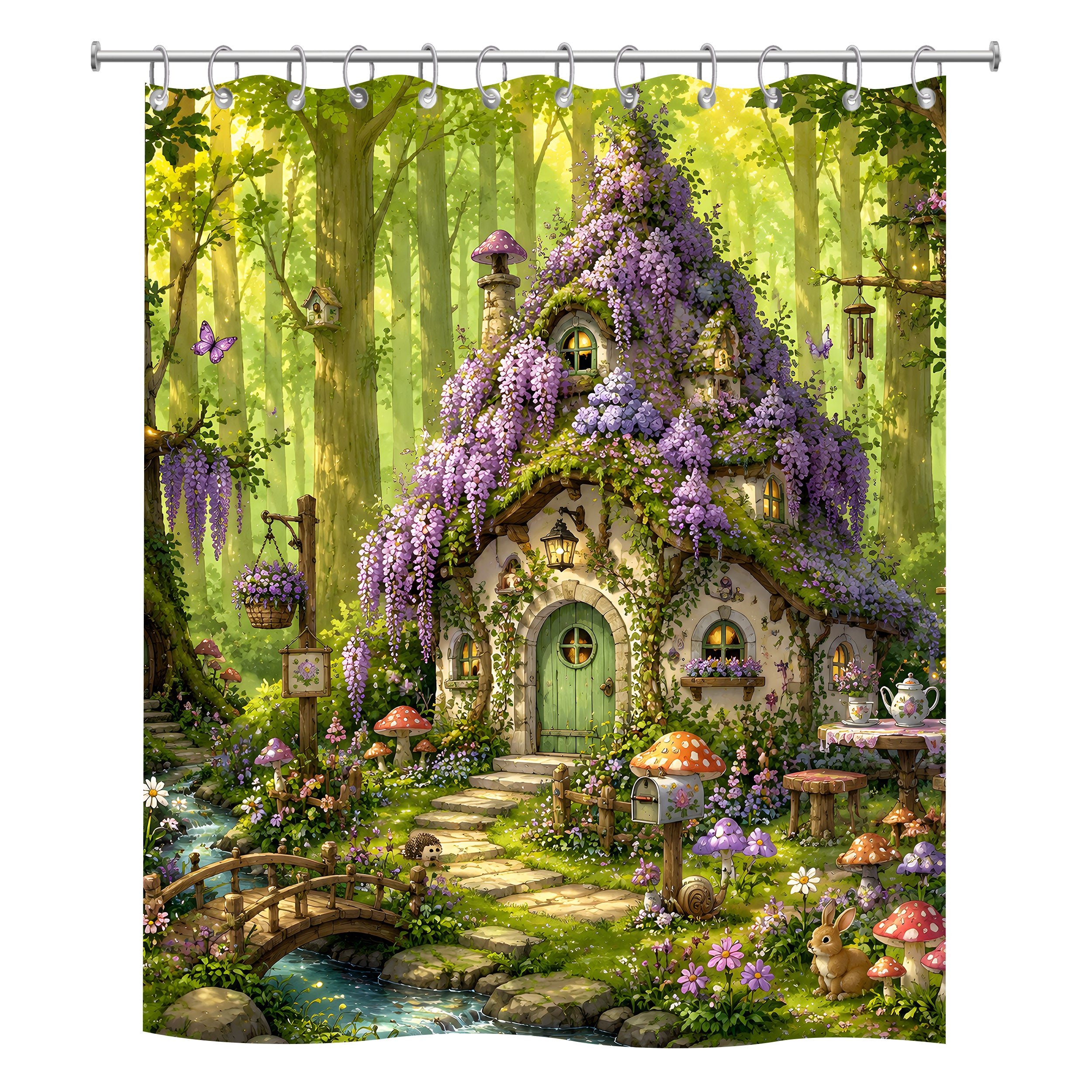 A square polyester shower curtain isolated on a pure white background, featuring a detailed watercolor fantasy painting of a cozy fairy cottage draped in purple wisteria, surrounded by a stream, bridge, flowers, and forest animals.