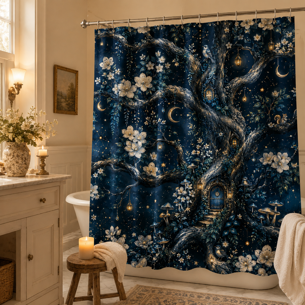 A magical midnight treehouse themed shower curtain with glowing lanterns and starry night print, hung beside a clawfoot bathtub in a warm, cozy bright bathroom with candlelight and fresh flowers.