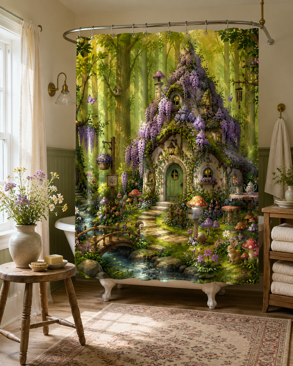An enchanted forest wisteria cottage shower curtain hanging beside a white clawfoot bathtub in a cottagecore bathroom, featuring sage green wainscoting, a rustic wooden stool, and fresh wildflower bouquet.