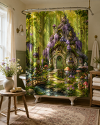 An enchanted forest wisteria cottage shower curtain hanging beside a white clawfoot bathtub in a cottagecore bathroom, featuring sage green wainscoting, a rustic wooden stool, and fresh wildflower bouquet.