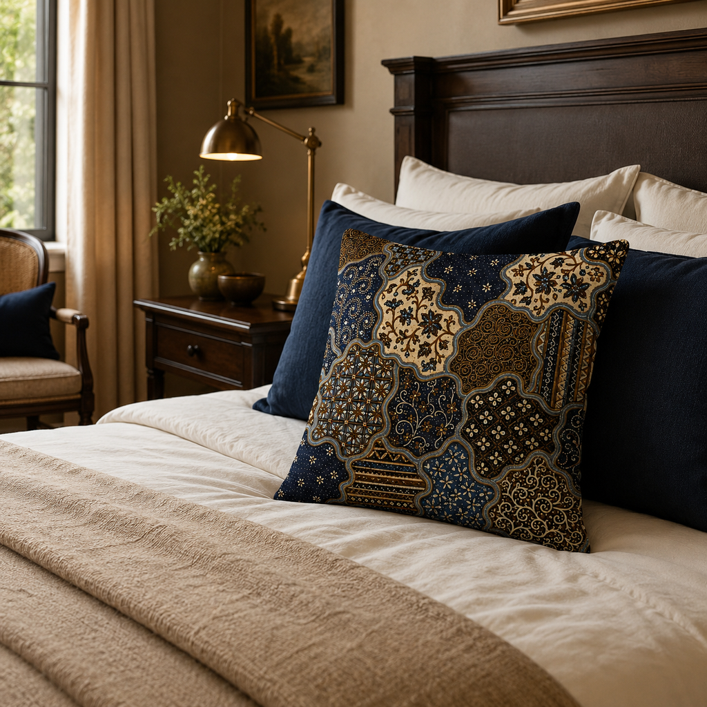 A vintage ethnic patterned accent pillow arranged on a cozy bed with deep blue pillowcases and a textured brown blanket, next to a dark wood headboard and classic brass lamp.