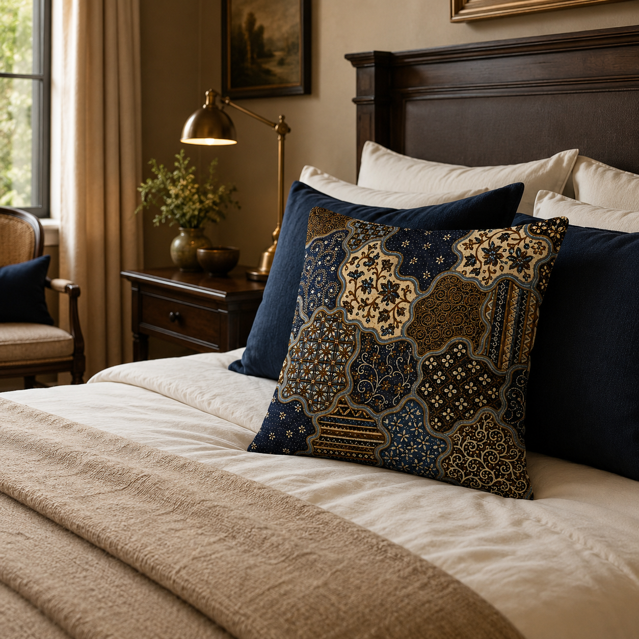 A vintage ethnic patterned accent pillow arranged on a cozy bed with deep blue pillowcases and a textured brown blanket, next to a dark wood headboard and classic brass lamp.