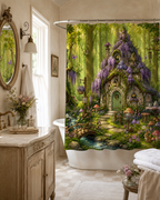 A fairytale forest cottage printed shower curtain installed above a white bathtub, paired with an elegant French vintage wooden vanity, oval carved mirror, and warm ambient lighting.