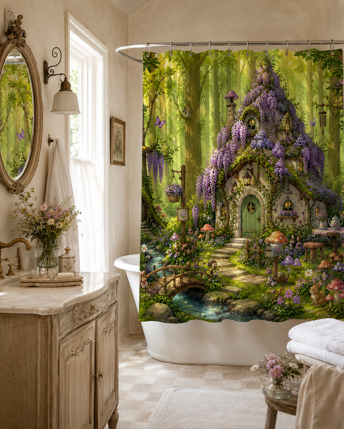 A fairytale forest cottage printed shower curtain installed above a white bathtub, paired with an elegant French vintage wooden vanity, oval carved mirror, and warm ambient lighting.