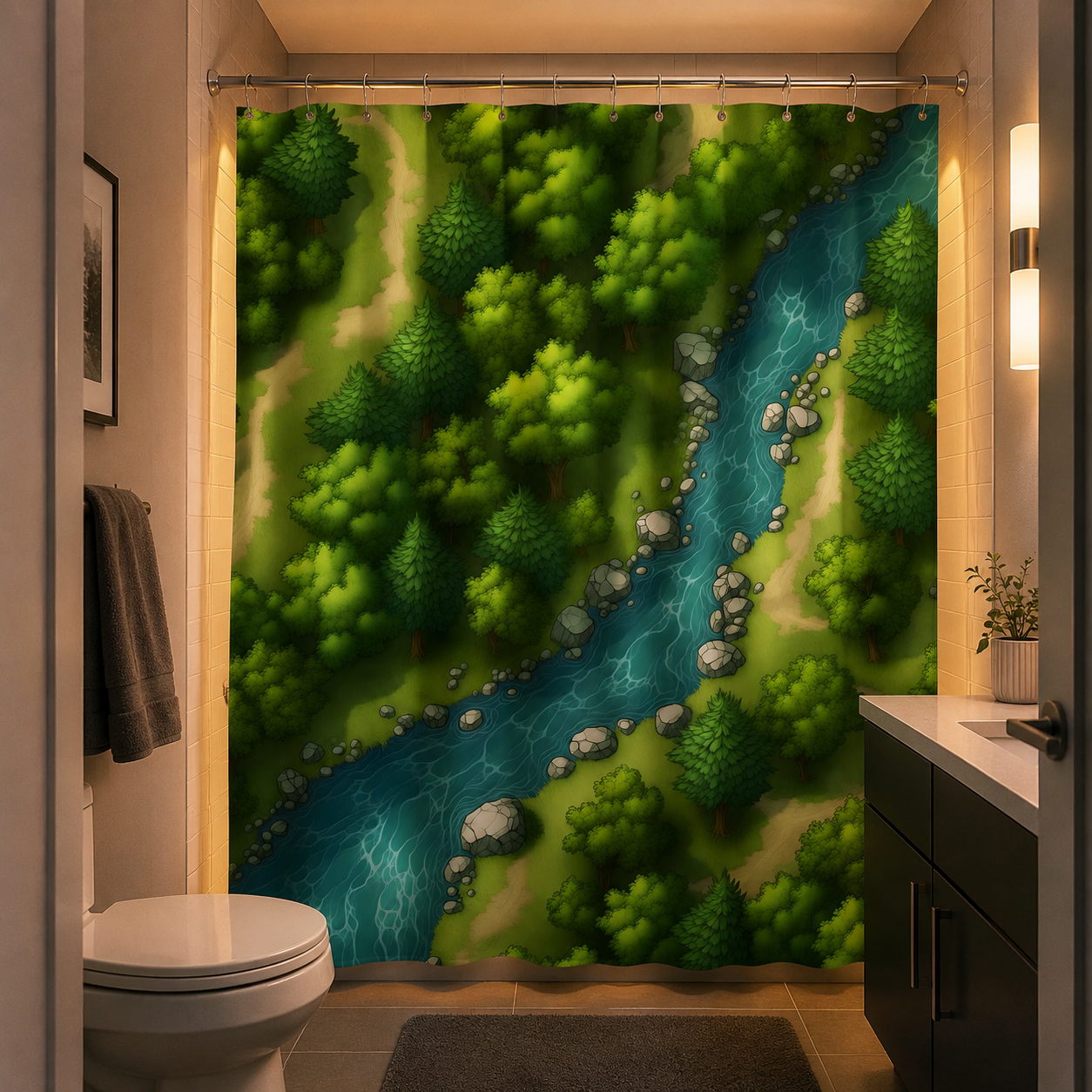 Vibrant green forest and winding river shower curtain installed in a modern bathroom next to a dark vanity.
