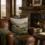 A rustic nature-themed embroidered cushion placed on a classic brown leather armchair next to a roaring stone fireplace and a wooden side table with a ceramic mug.