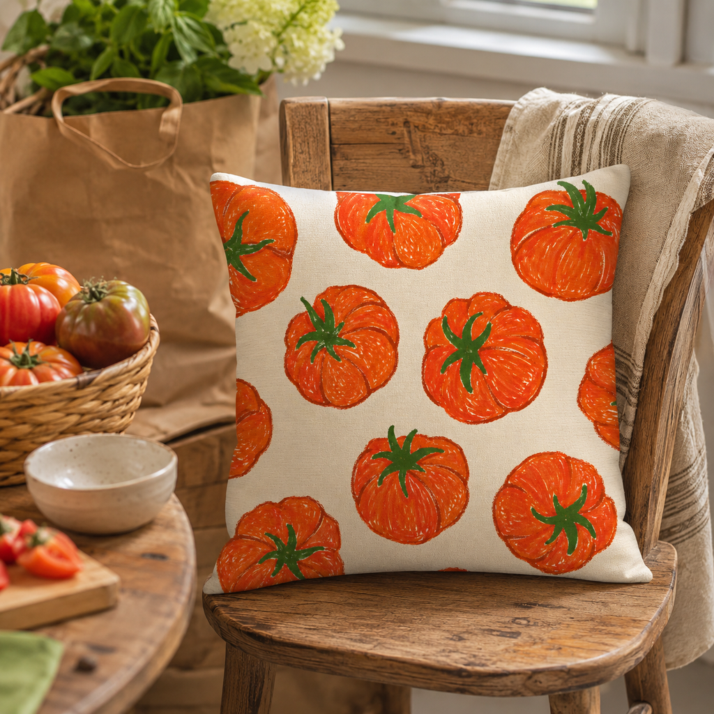 Farmhouse tomato print pillow cover on a vintage wooden chair in a cozy kitchen corner.