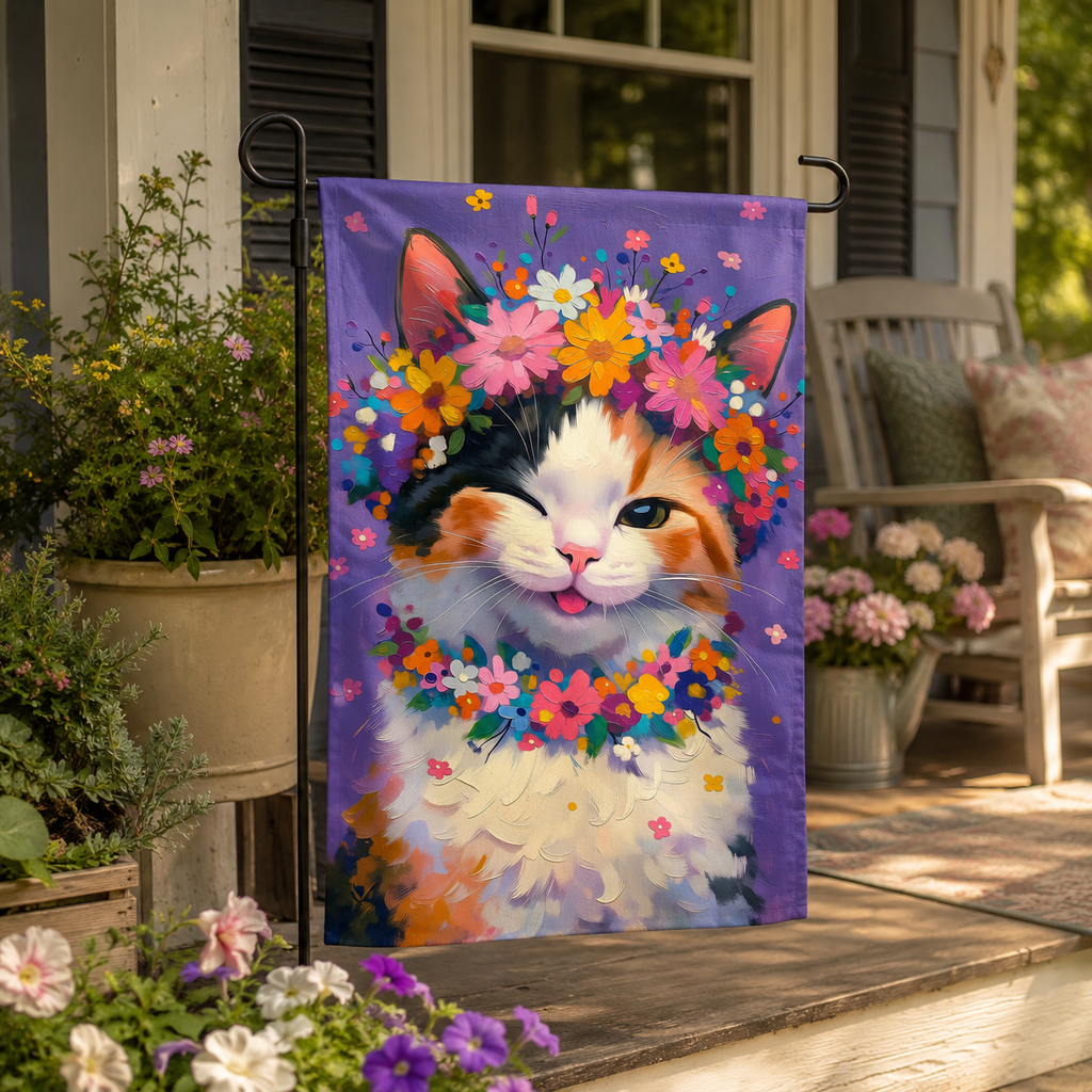 Floral calico cat garden flag displayed on a cozy porch with colorful flowers and warm farmhouse charm.