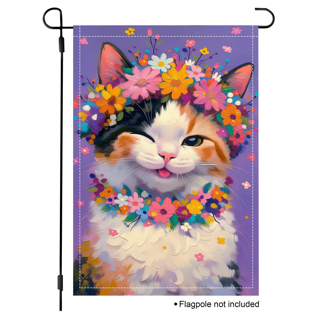 Floral calico cat garden flag with a purple background, colorful flower crown, and playful winking expression.