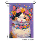 Floral calico cat garden flag with a purple background, colorful flower crown, and playful winking expression.