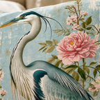 Close-up of heron and pink floral print on a pillow cover
