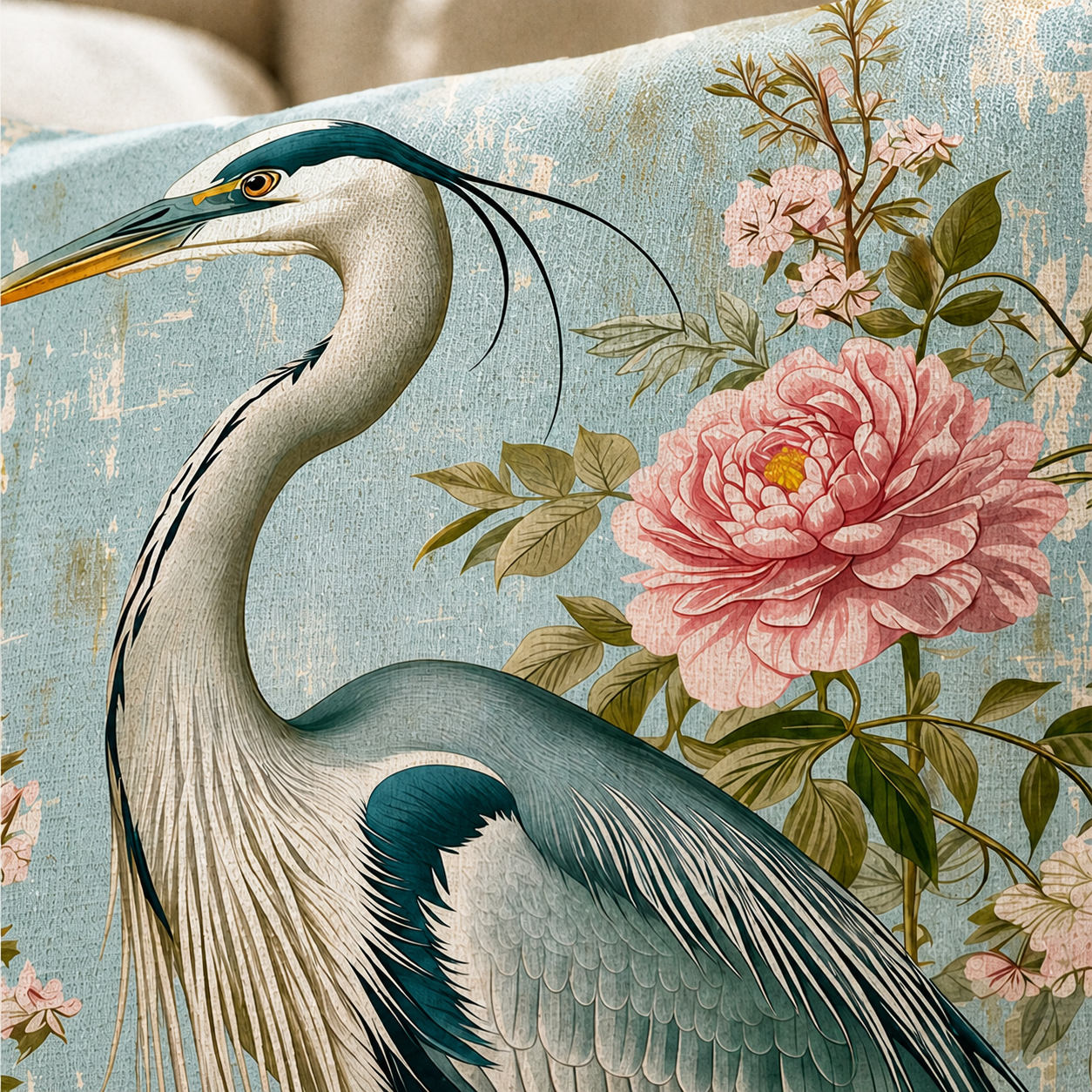 Close-up of heron and pink floral print on a pillow cover