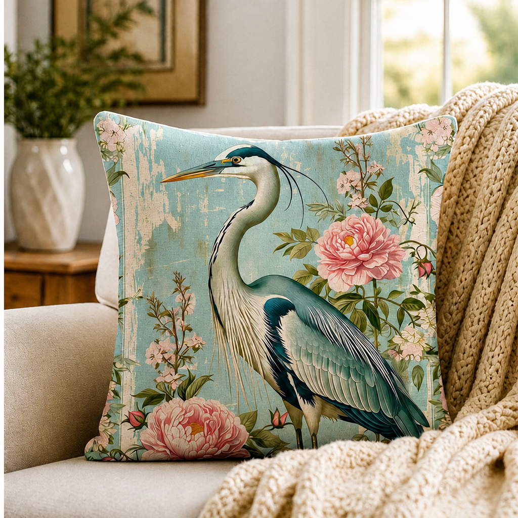 Heron floral throw pillow cover styled in a cozy living room