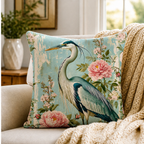 Heron floral throw pillow cover styled in a cozy living room